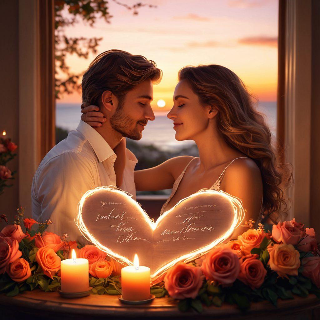 A romantic scene featuring a couple in a cozy setting, surrounded by soft candlelight and lush flowers, capturing moments of laughter and connection. Elements like handwritten love notes and a heart-shaped arrangement symbolize passion and devotion, all set against a dreamy sunset background. The atmosphere is warm and inviting, evoking feelings of intimacy and affection. super-realistic. warm colors. soft focus.