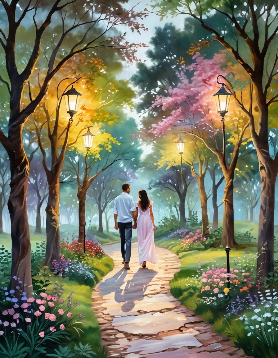 A winding path through a lush, romantic landscape symbolizing the journey of love, featuring diverse couples of varying ages and ethnicities walking hand in hand, with glowing heart-shaped lanterns hanging from the trees, soft pastel colors creating a warm, inviting atmosphere. dreamy, impressionistic painting. vibrant colors. white background.