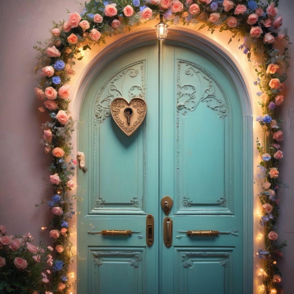 A heart-shaped key unlocking a beautiful vintage door with intricate designs, surrounded by soft pastel flowers and glowing fairy lights; a couple holding hands in the background, gazing into each other’s eyes, symbolizing affection and connection. soft focus. romantic atmosphere. vibrant colors. 3D.